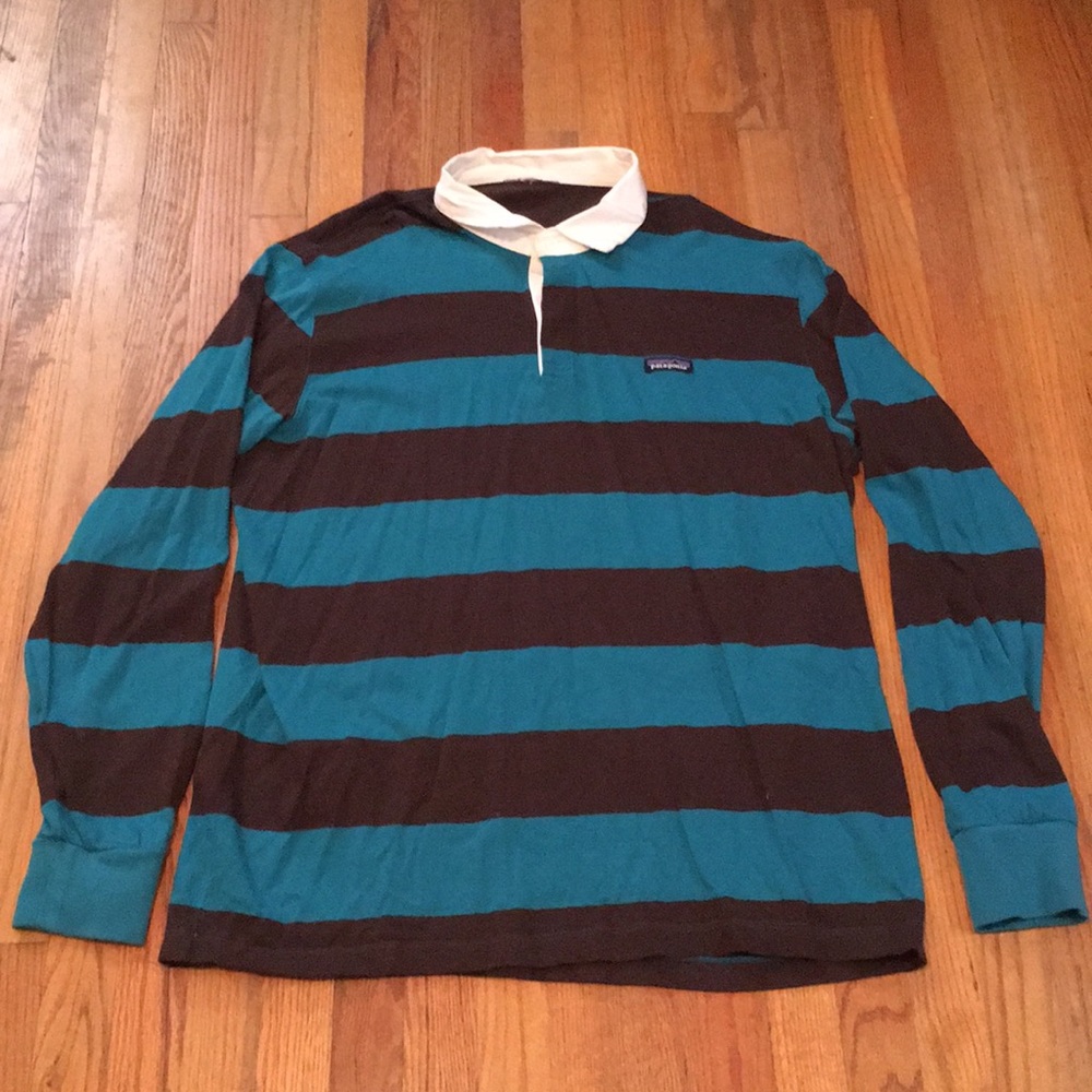 Long-Sleeved Lightweight Rugby Shirt. Teal & Brown